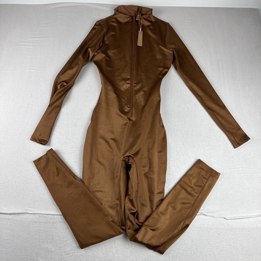 SKIMS All-In-One Shine Crew Neck One-Piece Long Sleeve Jumpsuit Carmel size S